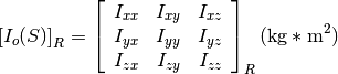 \left[I_o(S)\right]_R = \left[\begin{array}{ccc}
I_{xx} & I_{xy} & I_{xz} \\
I_{yx} & I_{yy} & I_{yz} \\
I_{zx} & I_{zy} & I_{zz}
\end{array}\right]_R (\text{kg}*\text{m}^2)