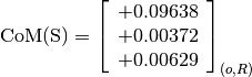 \text{CoM(S)} = \left[\begin{array}{c}
+0.09638 \\
+0.00372 \\
+0.00629
\end{array} \right]_{(o, R)}